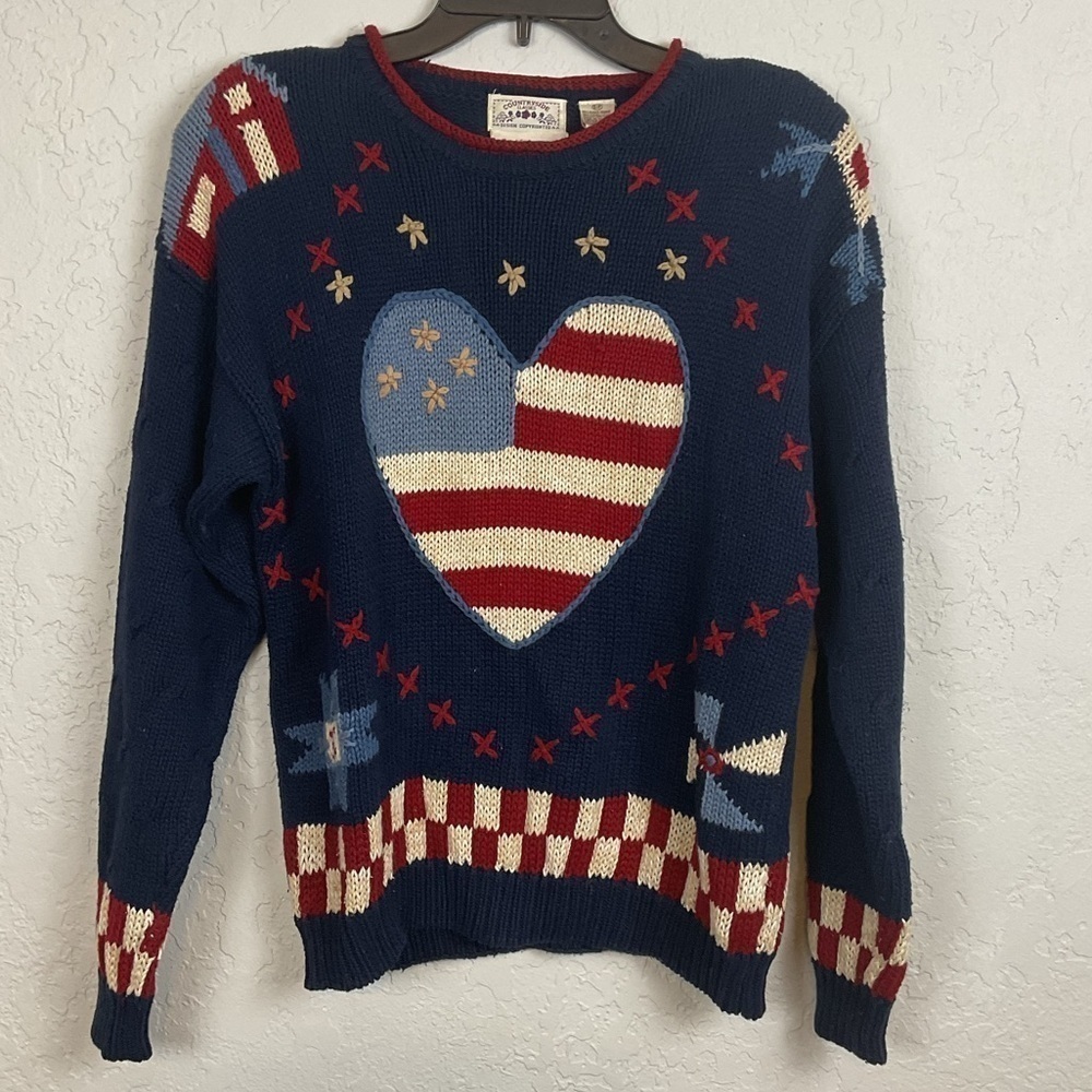 Women’s Vintage Countryside Classics Patriotic Hand Embroidered Sweater Sz Small